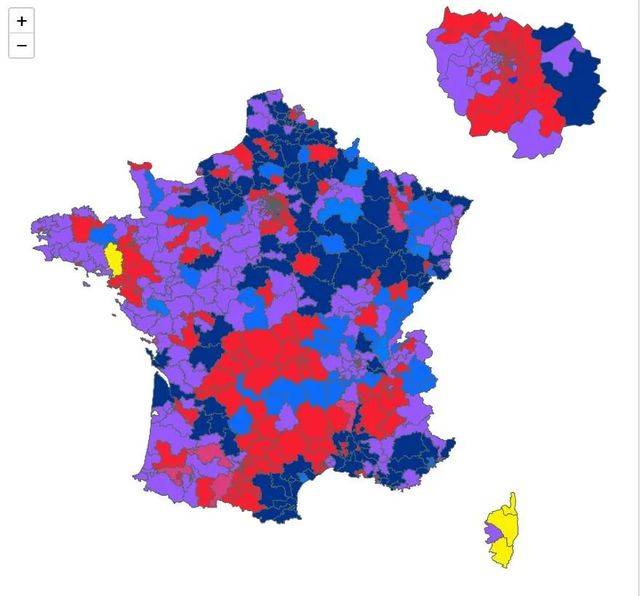 法國立法選舉第一輪投票結果，紅色為左翼聯盟Nupes勝出地區，紫色為總統多數派聯盟勝出地區，深藍色為