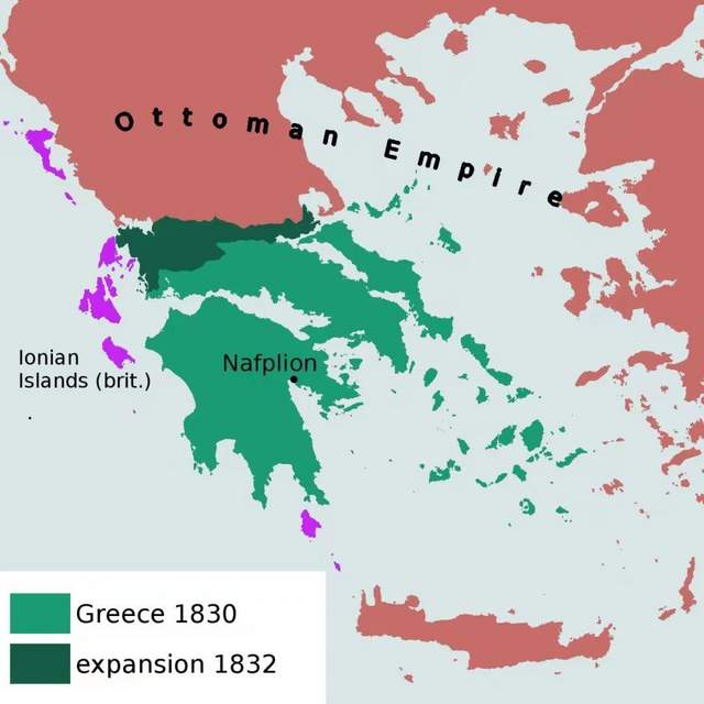 獨立之初的希臘（淺綠色），深綠色為英國贈予的