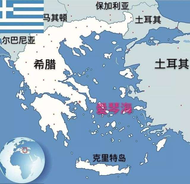 愛琴海位於希臘和土耳其之間，但2500多個島嶼中，2400多個屬於希臘（白色）