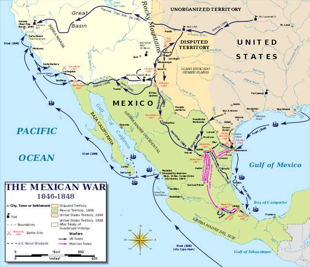 綠色為1848年後的墨西哥領土，淡黃色（左上）為1848年後割讓給美國的領土，中黃色為爭議地區
