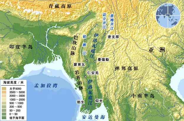 緬甸及周邊地形圖