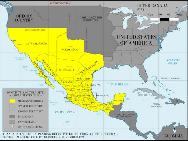 1824年的墨西哥疆域墨西哥無力控制的北部遼闊土地，讓美國人產生了覬覦之心