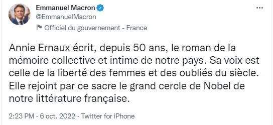 法國總統馬克宏在Twitter上發文表示：「50年來，安妮 ·埃爾諾通過小說描述了我們國家藏在靈魂深處的集體記