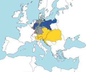 紅線所畫為神聖羅馬帝國邊界，黃色地區為奧匈帝國，灰色和藍色部分組成了「小德意志」