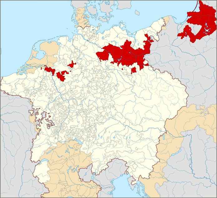 剛建國的普魯士王國地圖，紅線為神聖羅馬帝國，可見右邊的普魯士位於國境線外，兩地被波蘭阻隔