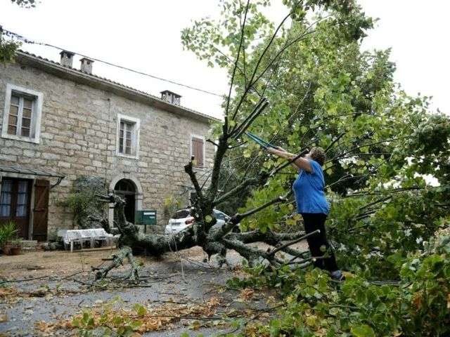 8 月 18 日，一名科西嘉島的女性在給一棵被吹倒的樹剪枝(法新社圖)