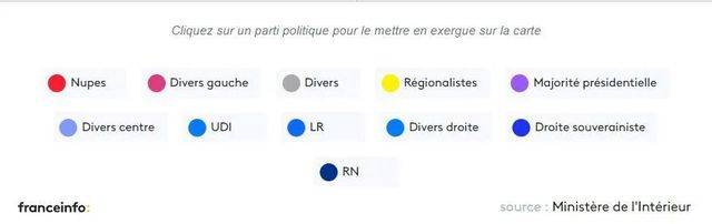法國立法選舉第一輪投票結果，紅色為左翼聯盟Nupes勝出地區，紫色為總統多數派聯盟勝出地區，深藍色為