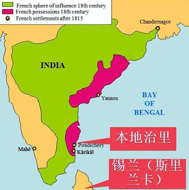 法國的印度領地，綠色為18世紀前，紫色為18世紀，1815年後只剩下幾個據點