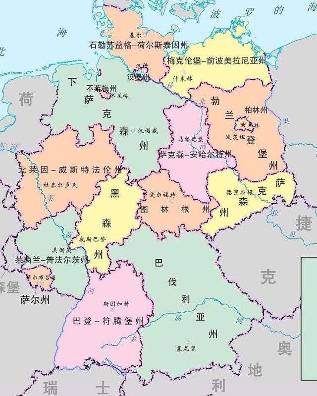 今天的德國地圖，在歐洲，德國國土面積位居第七位