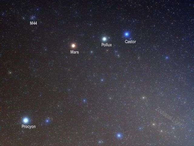 火星、雙子座主星和巨蟹座M44 / NASA