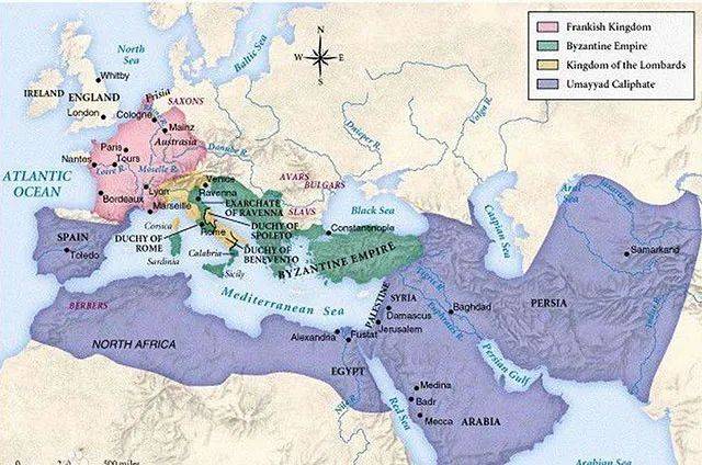 藍色部分為鼎盛時期的阿拉伯帝國版圖