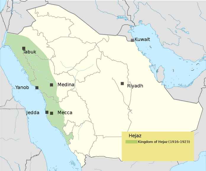 沙烏地家族統一漢志（綠色）和內志，建立沙烏地阿拉伯王國