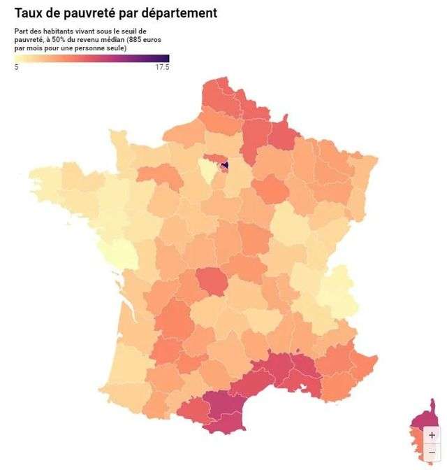 法國各地貧困人口比例示意圖，顏色越深貧困人口比例越高法國統經所預測，若按照歐盟標準（包括補助在內的收