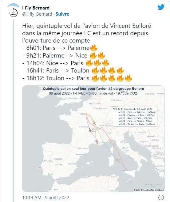 8月8日，法國工業大亨博羅雷（Vincent Bolloré）的私人飛機在一天之內進行了5次短途飛行
