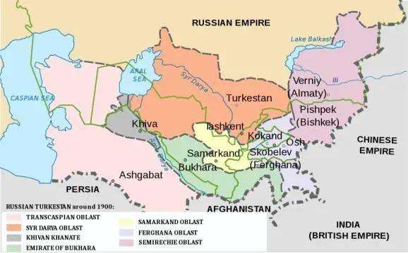 俄國的中亞，撒馬爾罕被劃分為屬於烏茲別克人的撒馬爾罕總督區（黃色）