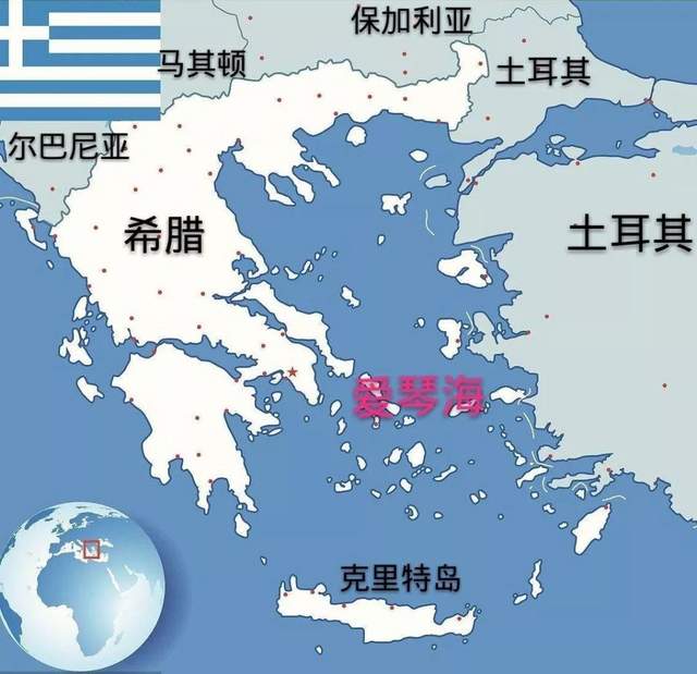 愛琴海的2500多座島嶼中，2400多座屬於希臘（白色）