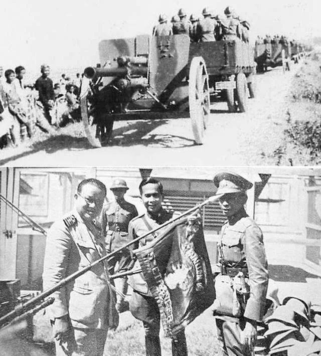 泰軍向法軍發起攻擊，下圖為鑾披汶•頌堪在觀賞繳獲的法國軍旗