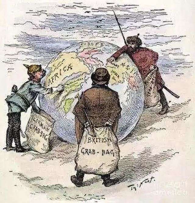 諷刺列強瓜分世界漫畫，左邊為德國，中間為英國