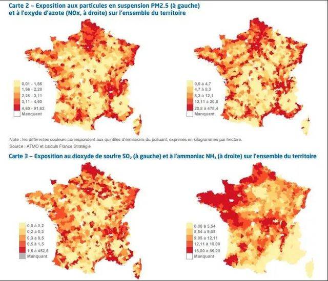 法國大氣汙染示意圖左上為PM2.5細顆粒物，右上為氮氧化物，左下為二氧化硫，右下為氨氣汙染。法國人口