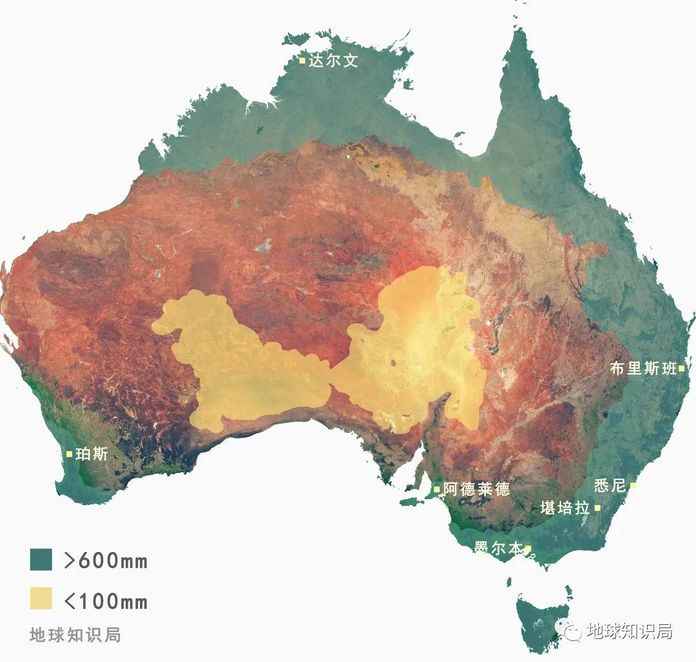 從澳大利亞的年平均降水線就可以看出它大致的乾溼地帶分佈