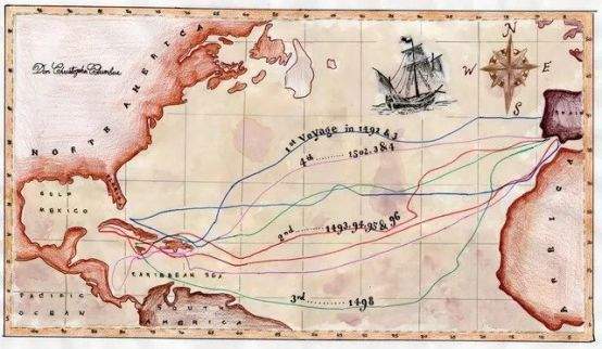 哥倫布船隊發現美洲大陸的航海路線圖