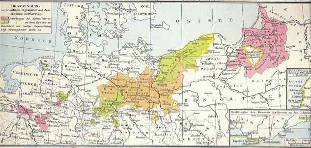 勃蘭登堡-普魯士地圖，綠色為勃蘭登堡，紅色為普魯士，彼此分散