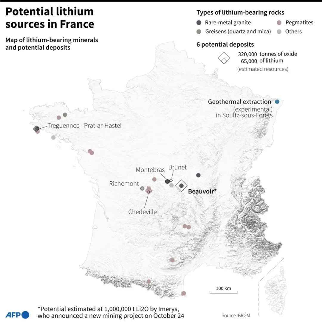 法國鋰礦分佈情況（法新社圖）