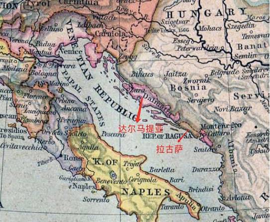 粉色區域為威尼斯統治領土，褐色區域為拉古薩