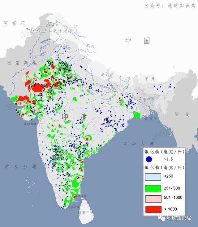 （印度地下水氟與氯汙染分佈 參考：CGWB）