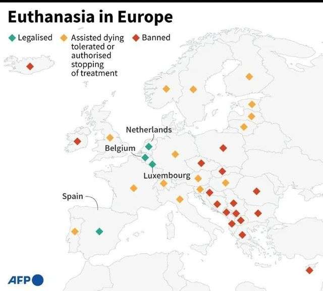 歐洲各國對安樂死的態度：綠色為允許/非犯罪化「安樂死」，黃色為允許「醫療協助自殺」，紅色則是禁止安樂